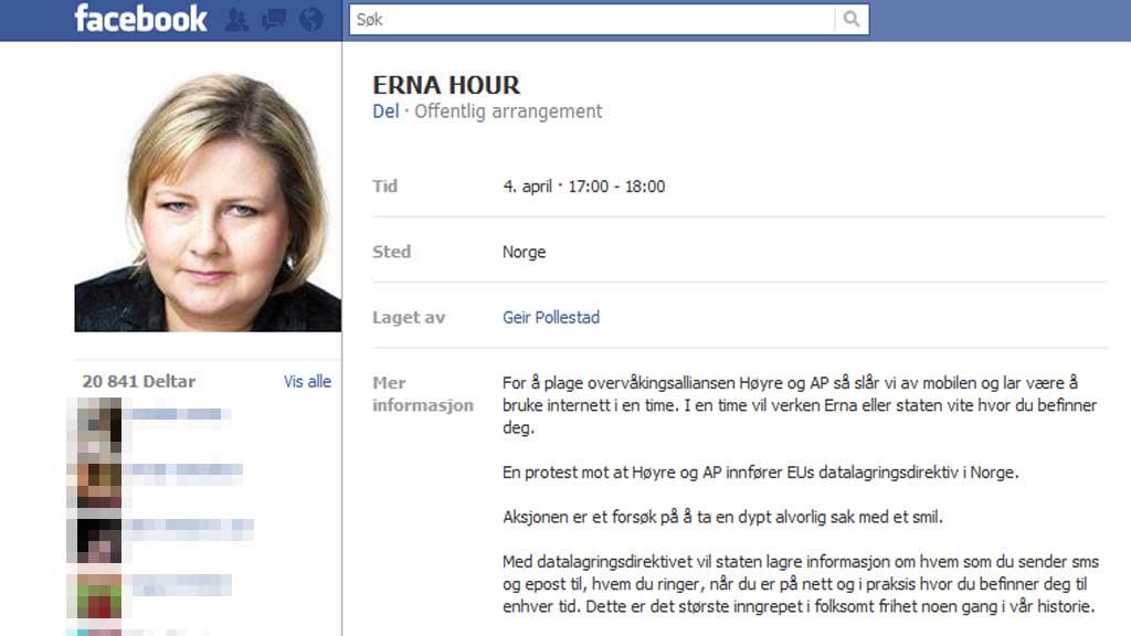 Torsdag ettermiddag hadde over 20.000 personer sluttet seg til protestaksjonen «Erna Hour» på Facebook.