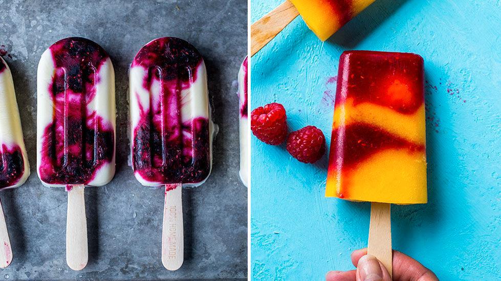 ISKALDT: Forfriskende ispinner er deilig når sommeren nærmer seg. Her ser du ispinne med yoghurt og solbær, og ispinne med mango og bringebær. Foto: Sara Johannessen/VG
