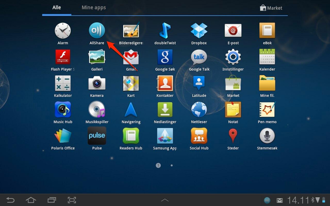 Allshare-applikasjonen bør være på Samsung-nettbrettet ditt hvis du har nyeste versjon av operativsystemet ditt. På andre Android-nettbrett vil det være andre DLNA-program du kan bruke.