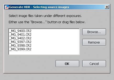 Dialogen for innlasting av filer. I likhet med Photoshop aksepterer Photomatix både RAW-filer og andre typer filer.