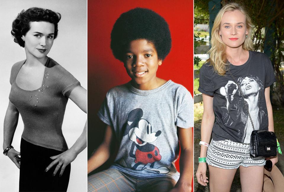 KLASSISKER: T-skjorten har vært i motebildet i hundre år i år. Her på en modell i 1951, en ung Michael Jackson tidlig på 70-tallet og Diana Kruger på årets Coachella-festival. Foto: NTB Scanpix/Getty Images/All Over Press