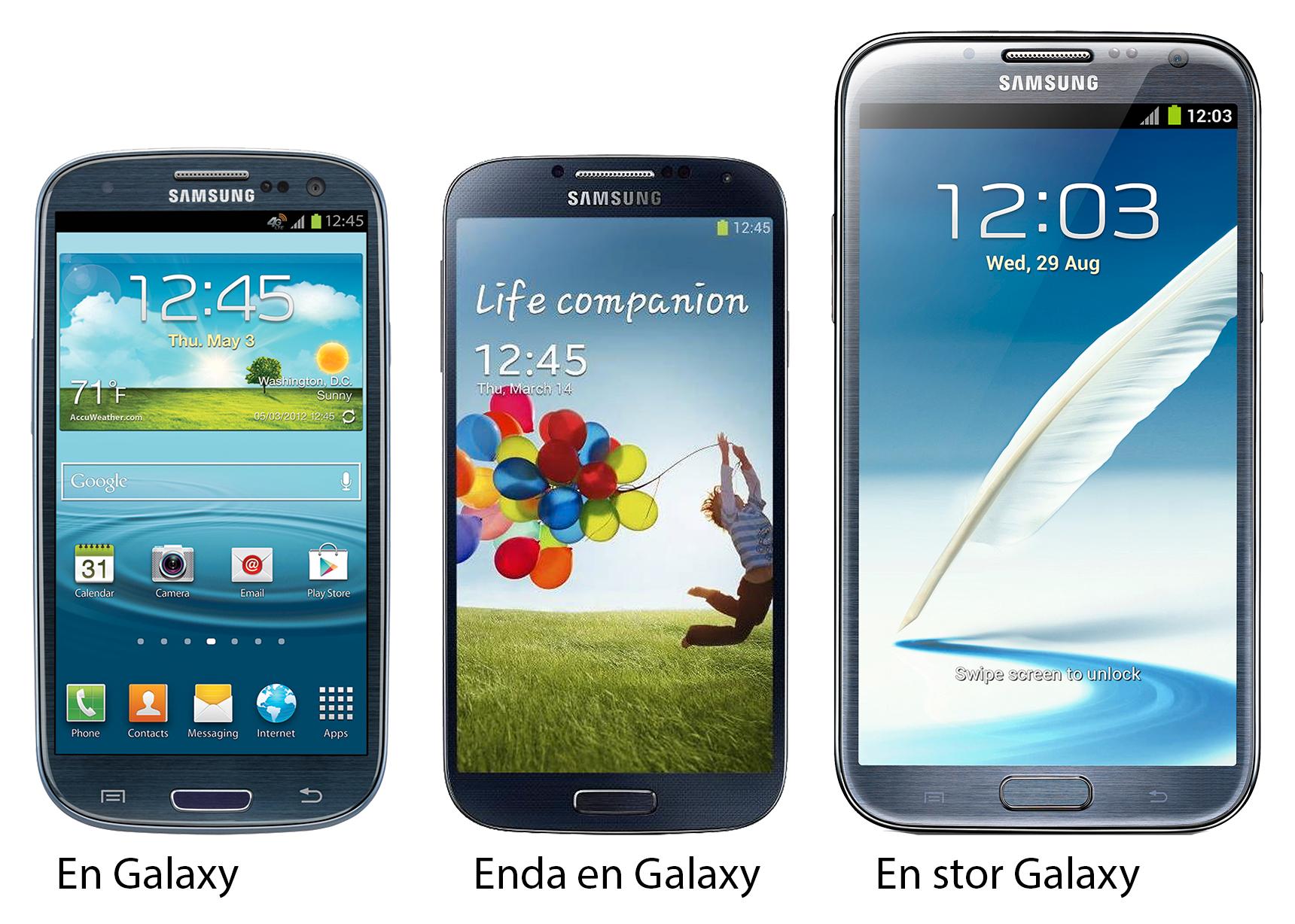 Tre Galaxy-varianter fra Samsung. De er svært like hverandre, om enn ikke fullt så like som Apples telefoner.
