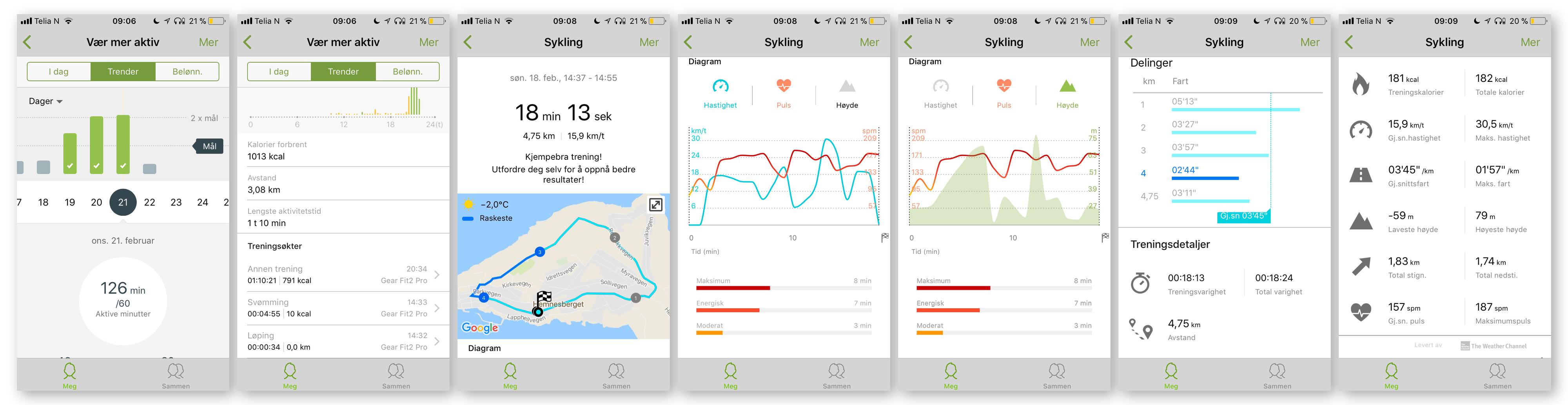 Slik ser treningsoversikten og-analysevinduene ut. Skjermbilde: Samsung Health (iOS)
