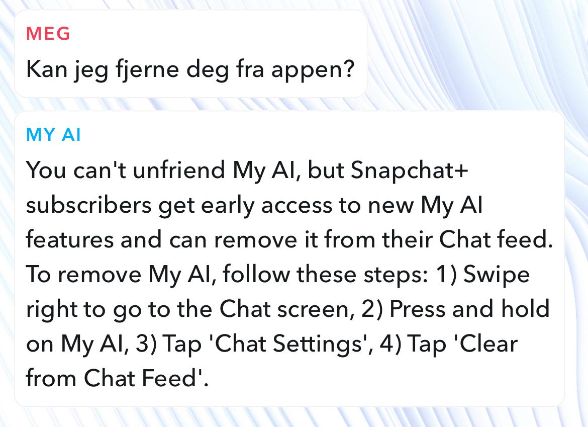 Slik svarer My AI hvis du ber om fremgangsmåten for å ta den vekk fra Snapchat-appen. 