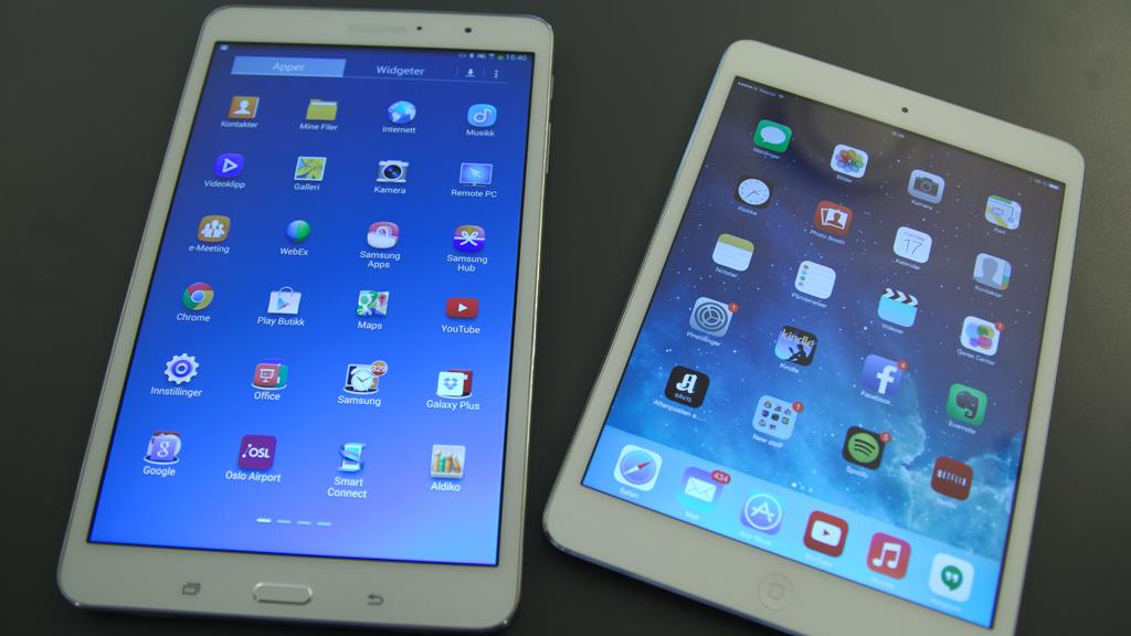 Tab Pro 8.4 Wi-Fi til venstre, iPad Mini 2 til høyre.