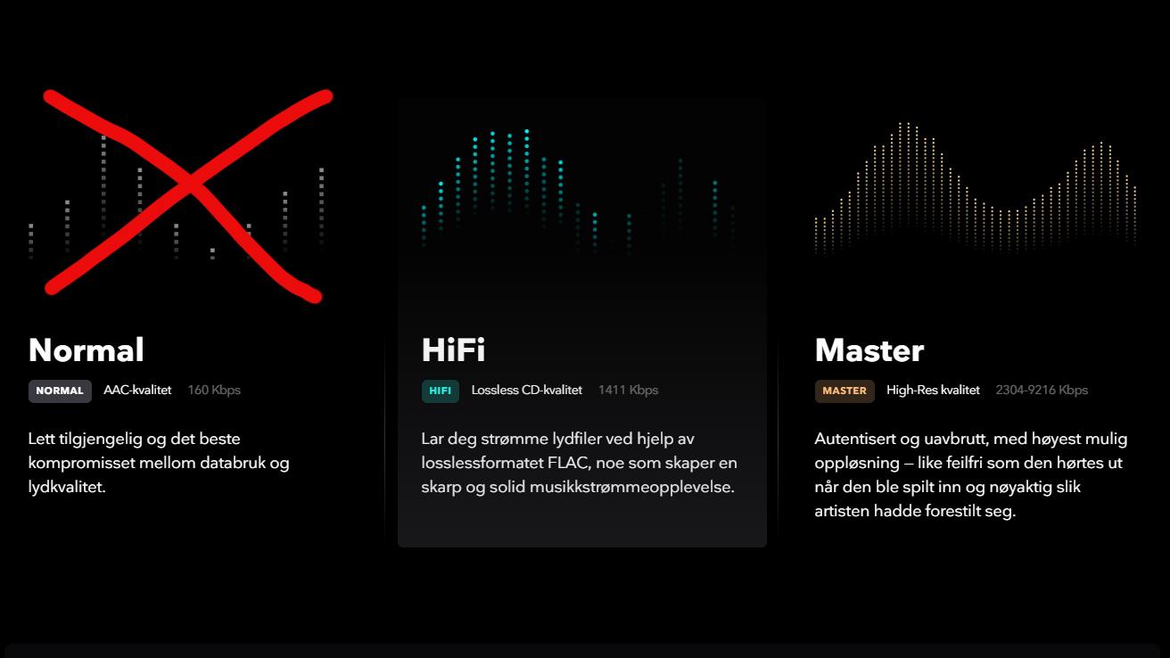 Tidal kutter et eget abonnement for standard komprimert musikk, og tilbyr nå lyd i enten tapsfri HiFi-kvalitet eller studio/master-kvalitet. 