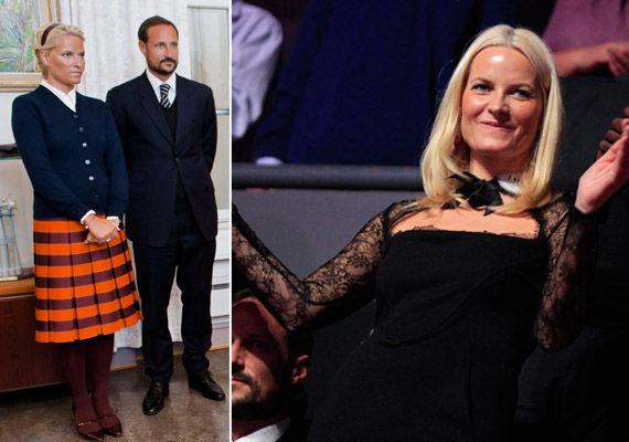TRENDY: Flere ganger i 2011 viste Mette-Marit seg som en ekte moteprinsesse; først i stripete skjørt og tilkneppet skjorte på Nansen-jubileet, så med årets store kjendis-kjole fra Pucci på Nobel-feiringen. Foto: NTB Scanpix