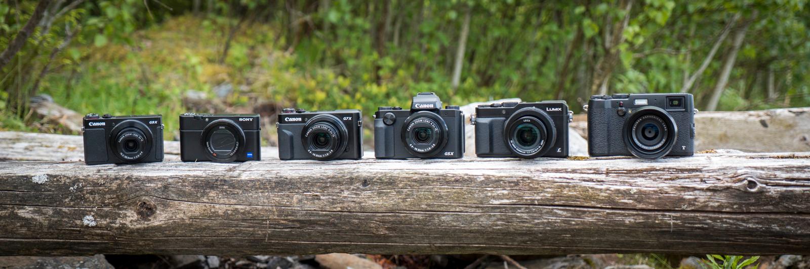 Sortert fra størst til minst, fra venstre: Canon G9 X, Sony RX100 IV, Canon G7 X Mark II, Canon G5 X, Panasonic Lumix LX100 og Fujifilm X100T.