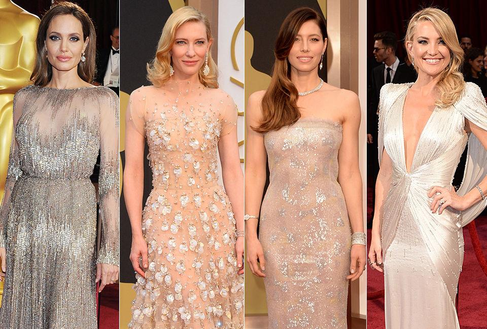 DELIKAT: Angelina Jolie, Cate Blanchett, Jessica Biel og Kate Hudson gikk alle for skinnende designerkreasjoner. Foto: NTB Scanpix