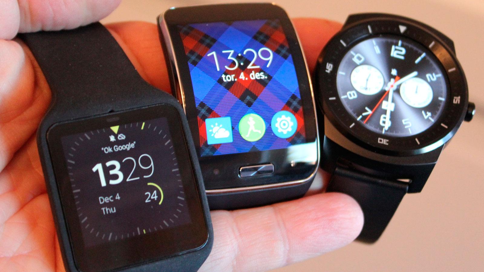 Sonys Smartwatch 3, Samsung Gear S og LG G Watch R. Sistnevnte er unektelig den eneste som til forveksling er lik en vanlig klokke.