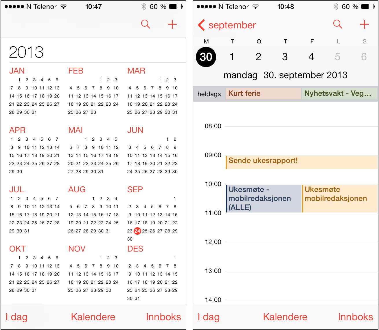 Kalenderen i iOS 7 gir deg god oversikt over år, måned eller dag – og det er støtte for mange samtidige kalendere.