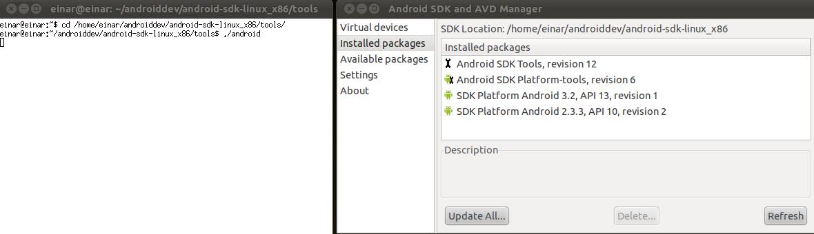 SDK startes og Android SDK Tools må installeres.