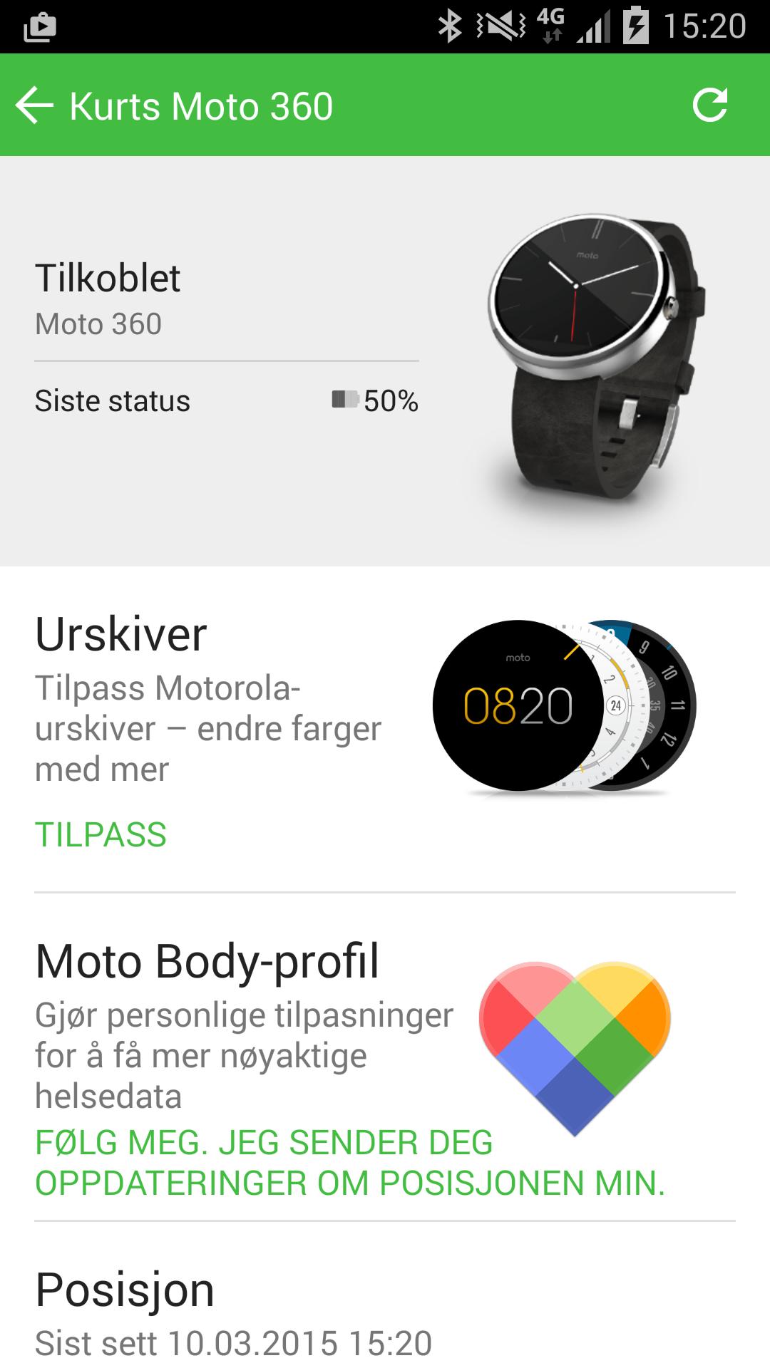 Via Motorola Connect-appen kan du sette opp Moto 360-klokken, og se hvor klokken befinner seg.
