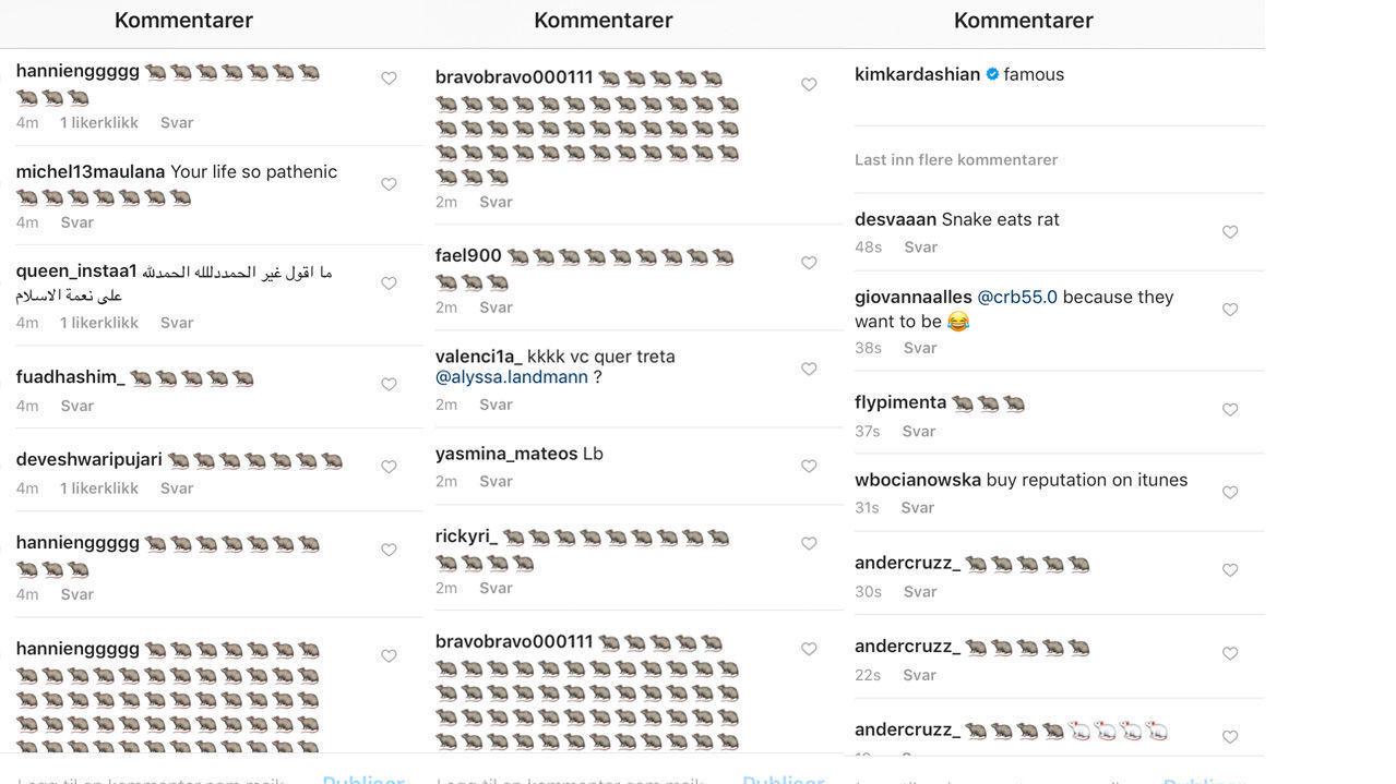 OVERSTRØMMES: Blant de mer enn 40.000 kommentarene på Kardashian Wests siste bilde er mange av dem rotteemojis. Skjermbilde: Kim Kardashian Wests Instagram.
