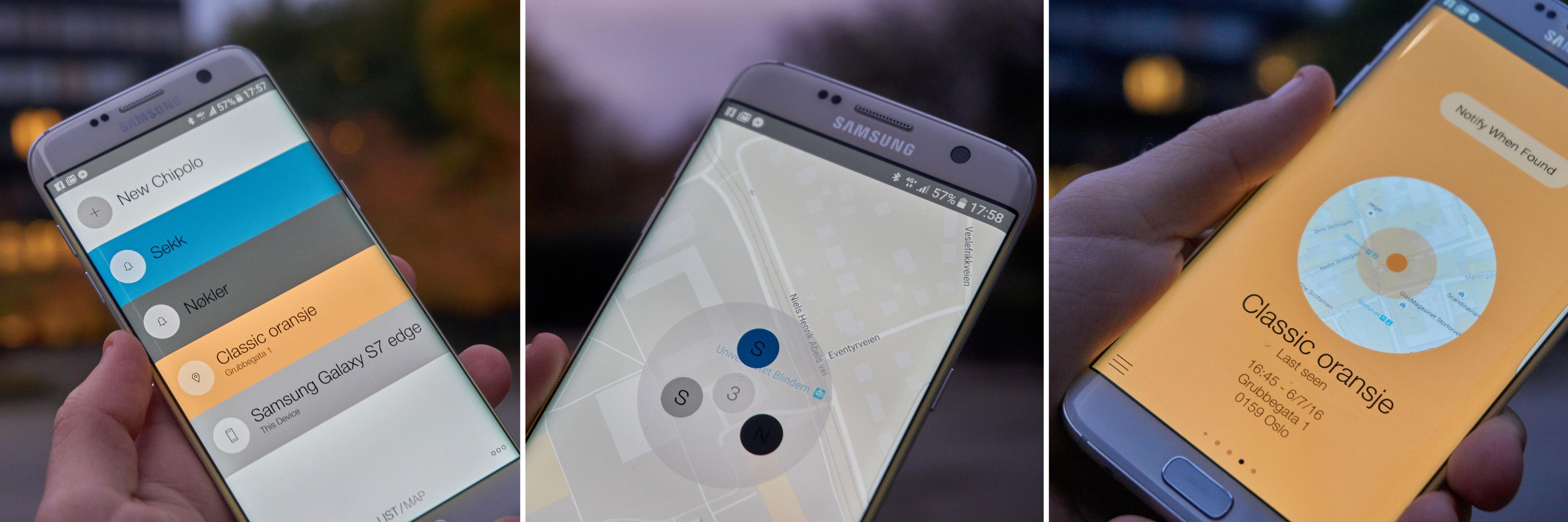 VENSTRE: Oversikten er ryddig og enkel. MIDTEN: Et kart viser deg plasseringen til enhetene dine – inkludert mobilen. HØYRE: Brikker uten kontakt viser en slik skjerm.