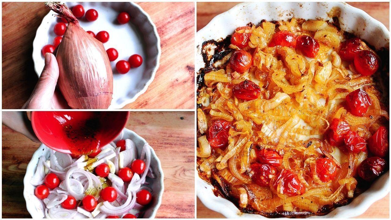 OVNSBAKT: Kutt løk og bak i ovnen med cherrytomater så får du en nydelig topping til de sprø skivene. Foto: Jane H. Johansen.