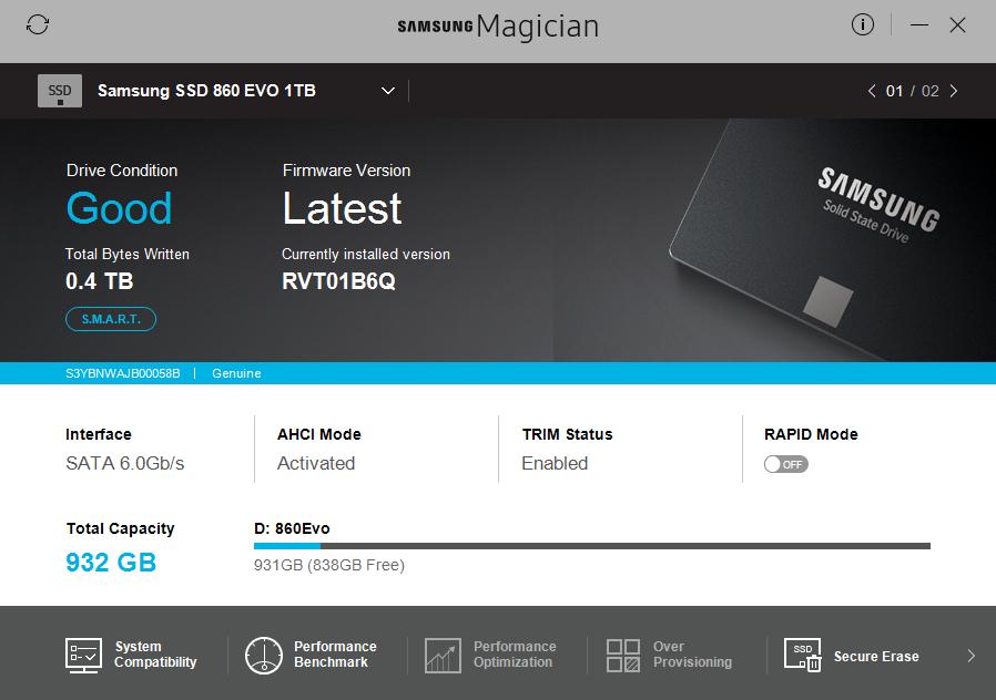 Samsung Magician lar deg sjekke diskens status.