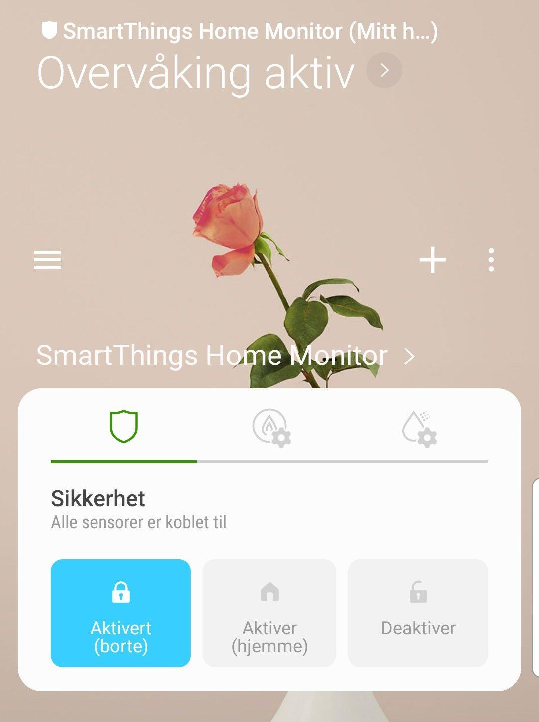 SmartThings-appen har også en innebygd sikkerhetsdel. Dette kan fint settes opp manuelt, men det er kjappere å bruke «SmartThings Home Monitor».