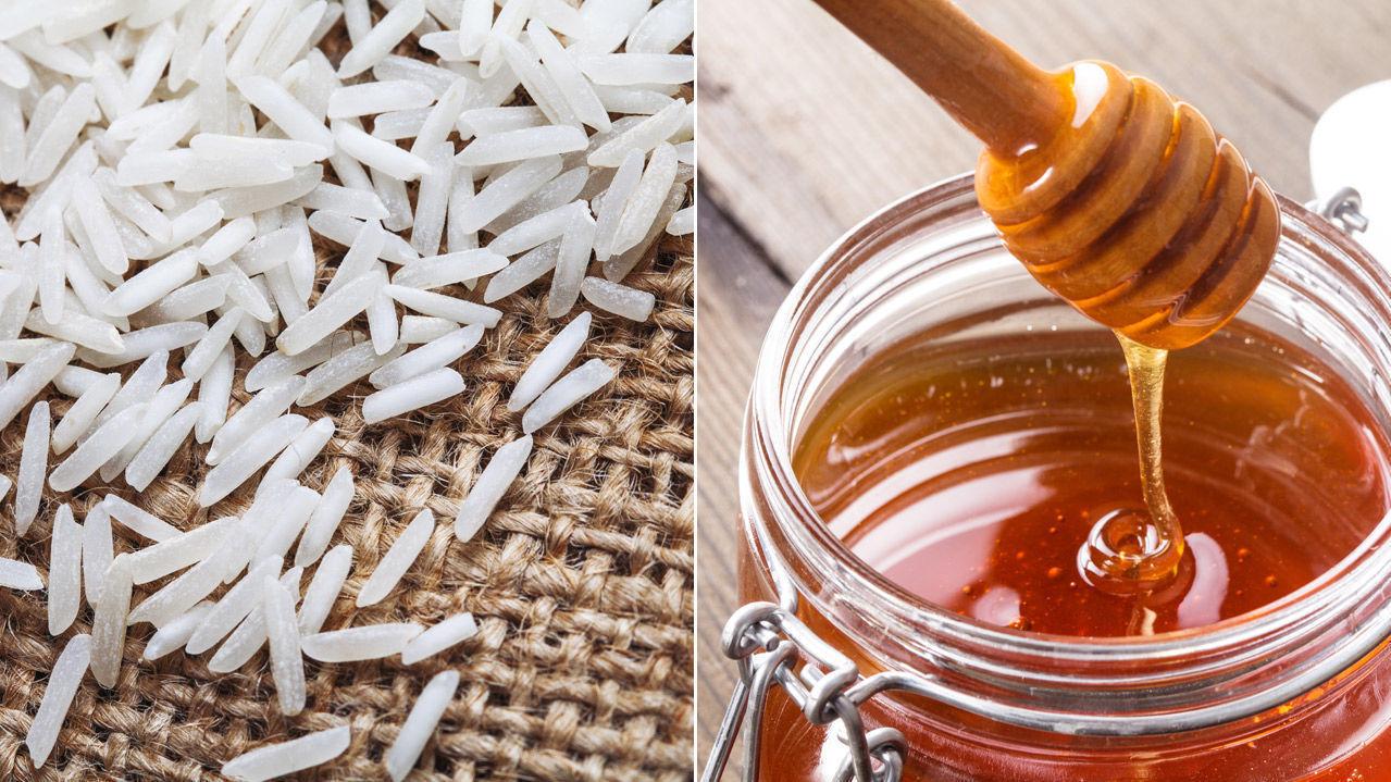 I KJØKKENSKAPET: Hvit ris og honning trenger du ikke bekymre deg over holdbarhetsdatoen. Foto: Shutterstock / NTB Scanpix
