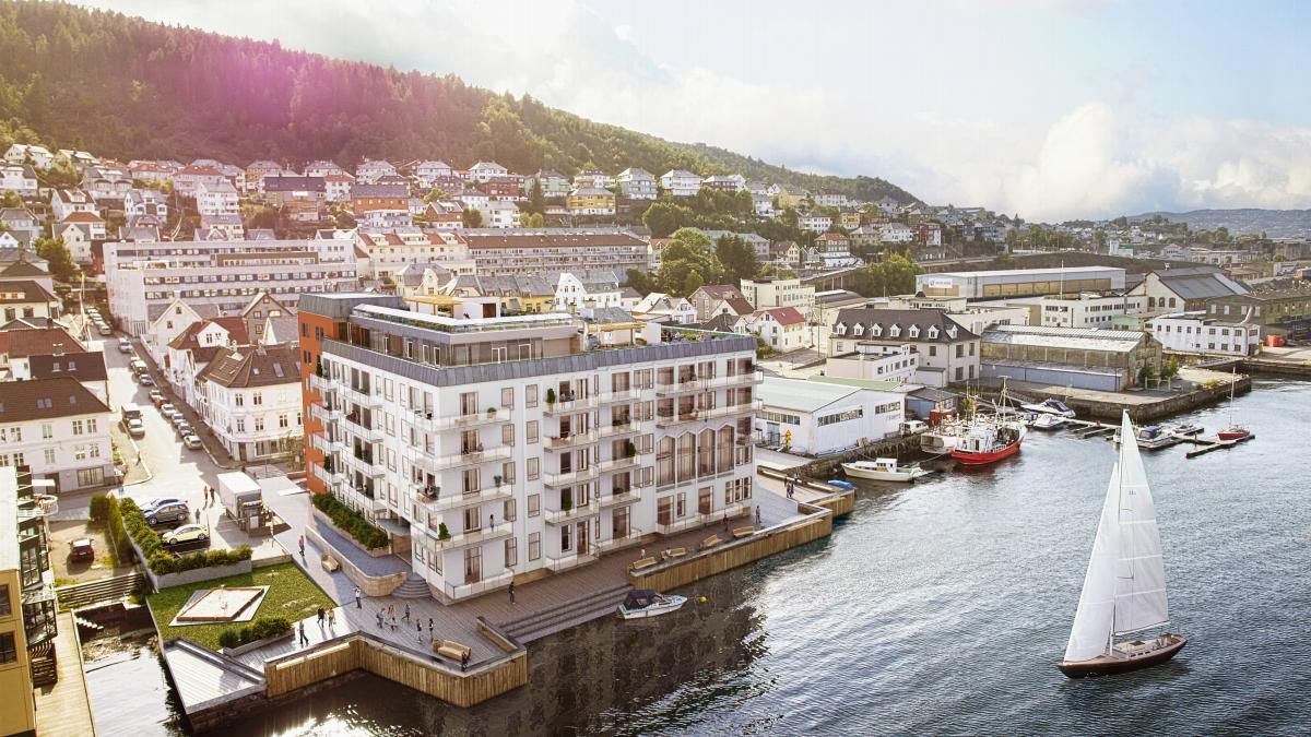 Holmen på Damsgård er ett av mange populære prosjekter. Her skal det bygges 64 leiligheter like i sjøkanten. 