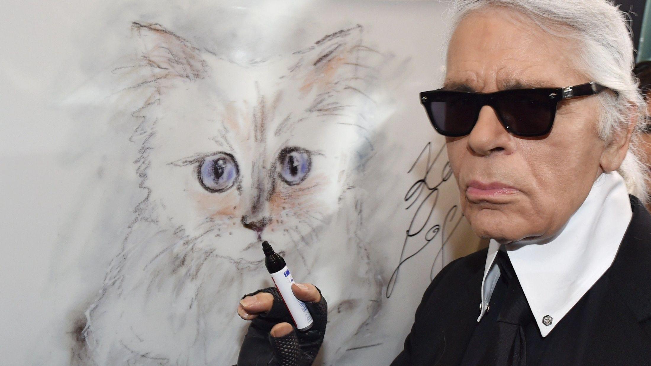 BESTEVENN: Lagerfeld arrangerer sitt første «all fur show» under moteuken i Paris. Her poserer han med et maleri av katten Choupette. Foto: NTB Scanpix