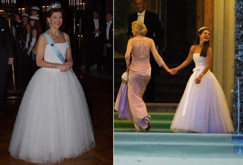 SOM ET SKUDD: Eneste forskjellen på kjolen er at prinsesse Madeleine brukte den med silkebånd i livet på bryllupsfesten, noe dronning Silvia droppet under Nobelbanketten i 2001. Foto: Ntb Scanpix/Niclas Hammarström/AftonbladetT
