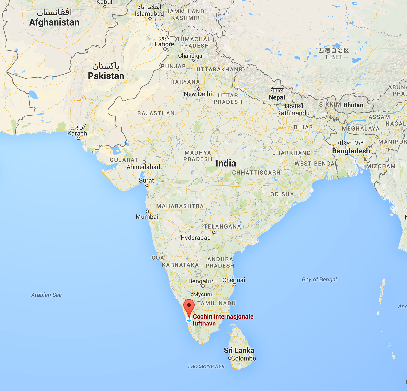 Her, sånn omtrent, ligger Cochin International Airport. Foto: Skjermdump fra Google Maps