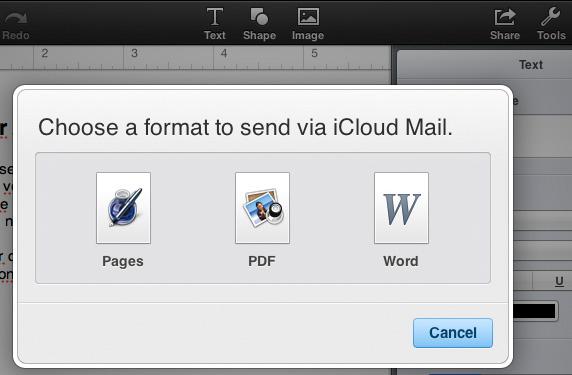Trykk «Share«-knappen øverst til høyre i Pages, Numbers eller Keynote for å sende dokumentet på e-post. Dokumentet kan automatisk konverteres til et annet format.