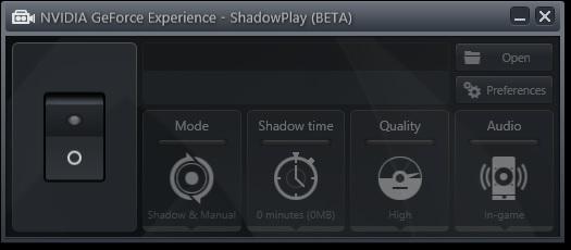 Kontrollpanelet for ShadowPlay lar deg slå funksjonen av og på, samt justere på flere forskjellige innstillinger.