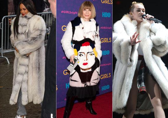 KJENDISER I PELS: Både Rihanna, Anna Wintour og Miley Cyrus gir blaffen i pelskritikken og har alle vært iført pelsjakker det siste året. Foto: Getty Images