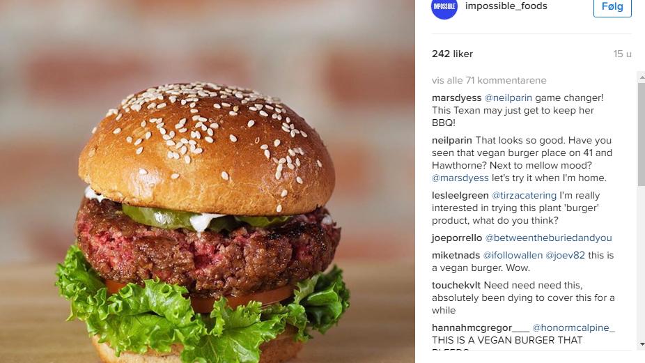 EN ILLUSJON: Det ser ut som kjøtt, men er det ikke. Foto: Faksimile/Instagram/@Impossible_foods