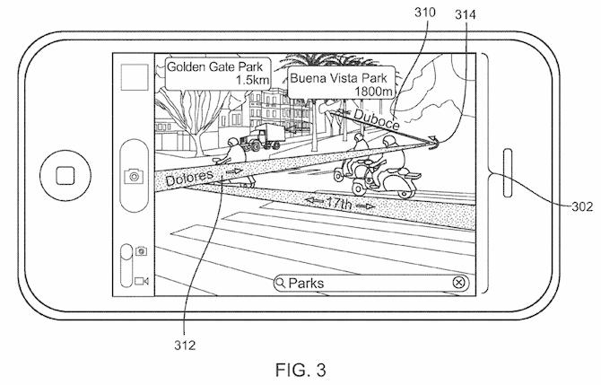 Denne skissen fra en patentsøknad fra Apple viser bruk av «augmented reality», eller «utvidet virkelighet».Foto: Patentsøknad fra Apple