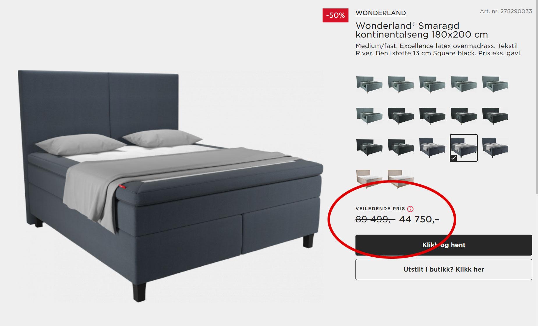 Dette er sengen vi etterspurte prisinformasjon om.