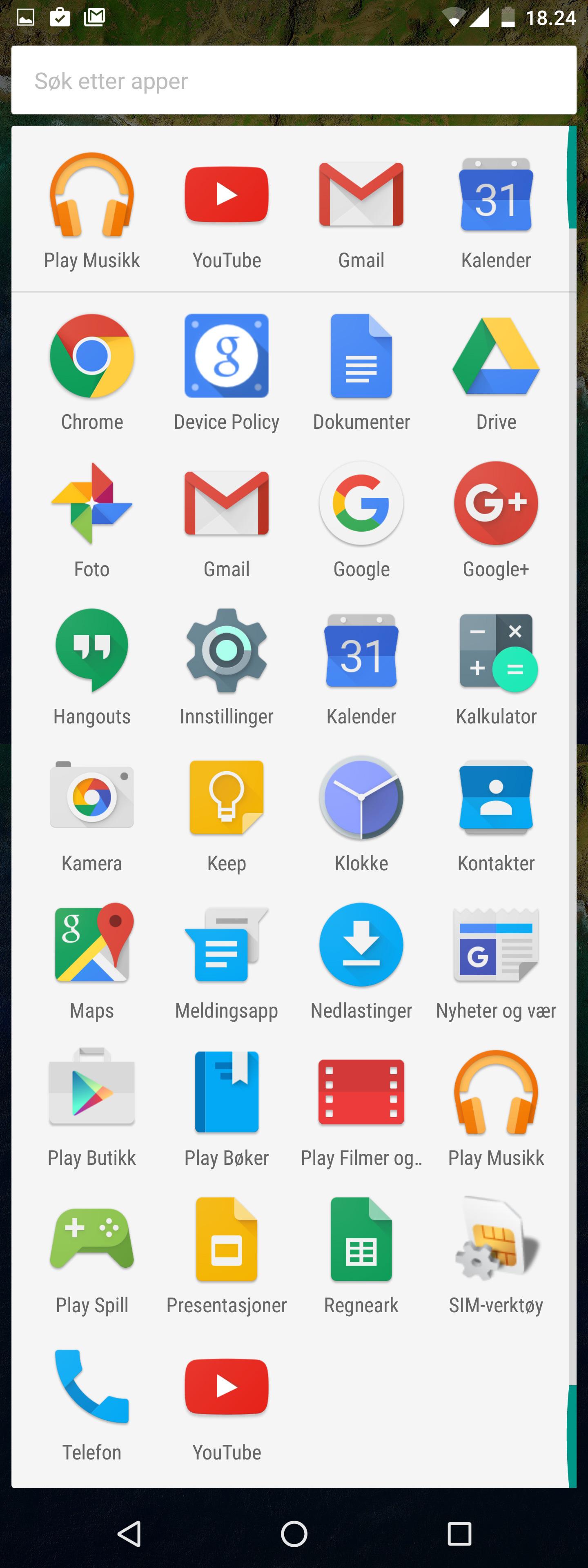 Applikasjonsmenyen. Her er alle appene du finner på Nexus 6P før du legger til dine egne favoritter.