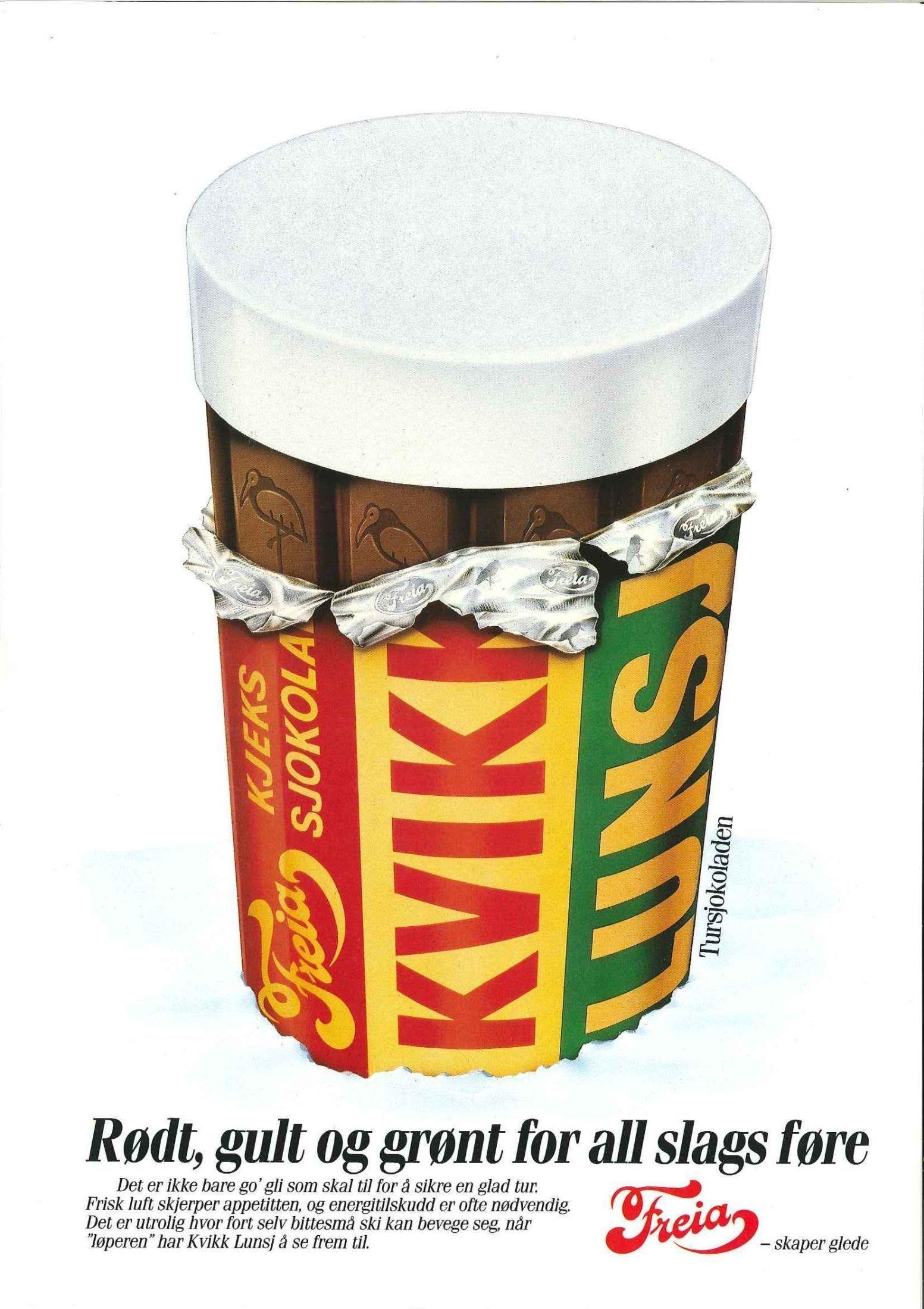 FOR ALL SLAGS FØRE: Kvikk Lunsj er skitursjokoladen, og kan til og med få barna til å gå fortere på ski, heter det i reklamekampanjen fra 1990. Foto: Arkiv/Freia.
