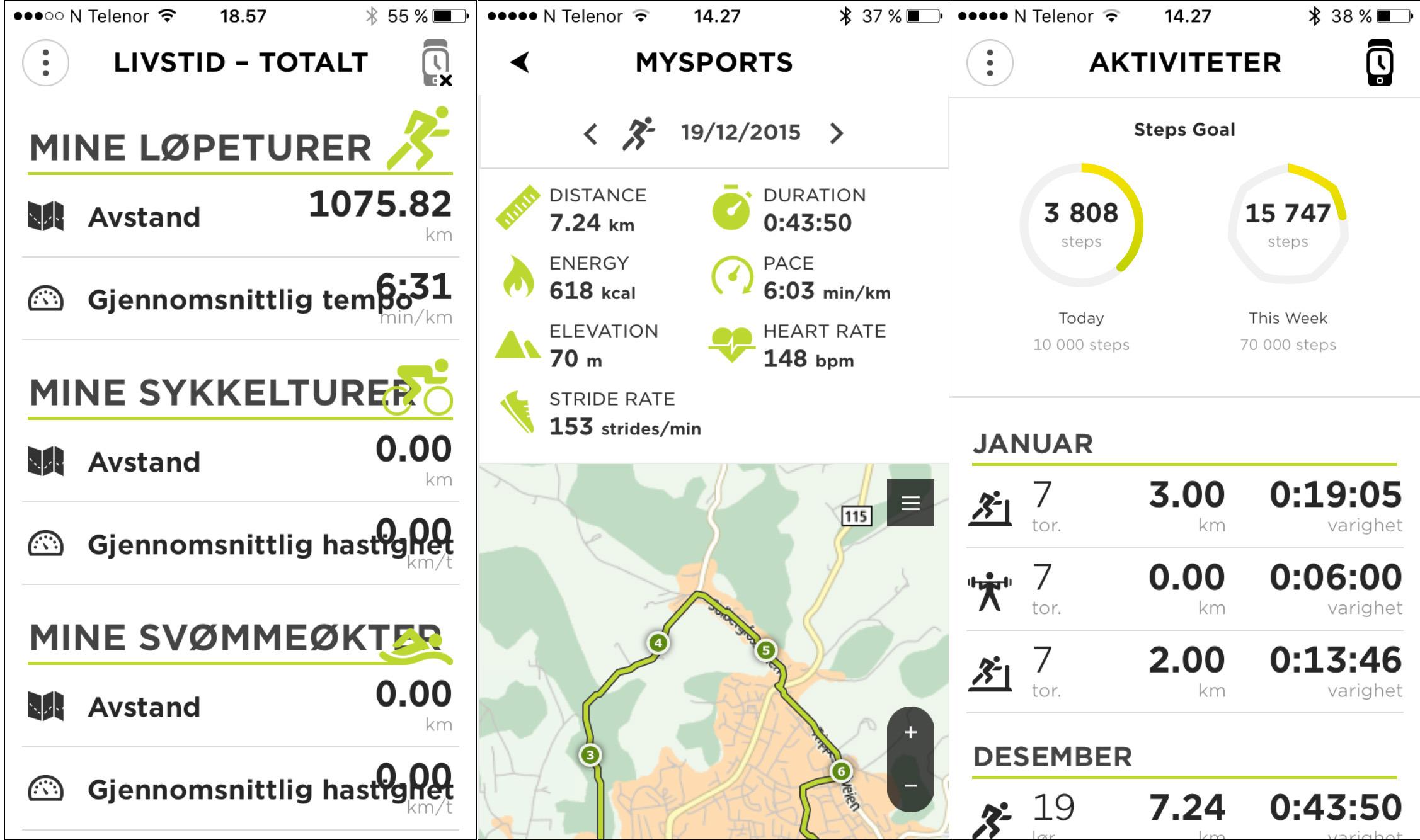 Slik ser appen TomTom MySports ut på iPhone. Legg merke til at tekst overlapper andre elementer på skjermen, og at det brukes norsk og engelsk om hverandre.