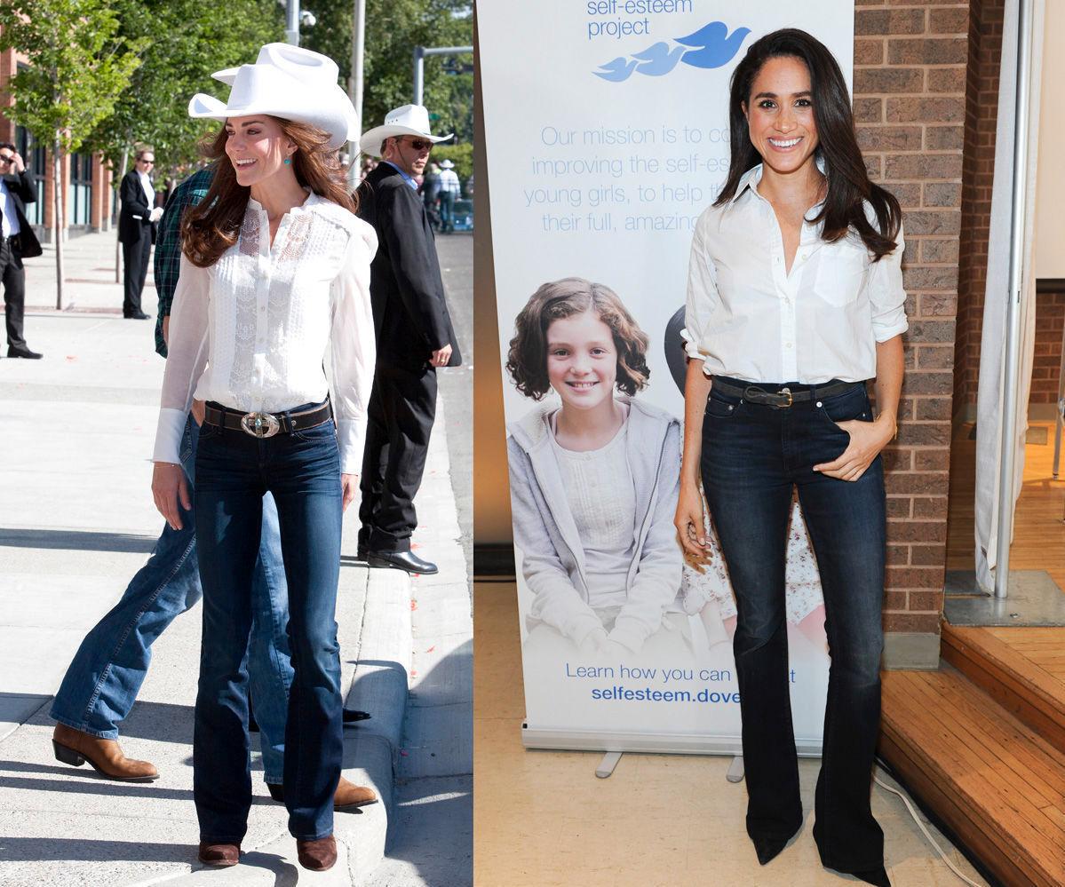 HOWDY: Hertuginne Kate og Meghan Markle i boot-cut jeans og hvit skjorte. Foto: Getty Images.