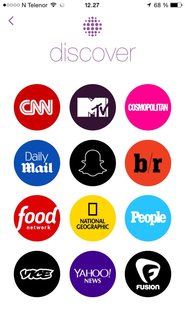 Her er Snapchat-kanalene som foreløpig er tilgjengelig for norske brukere. Foto: skjermbilde