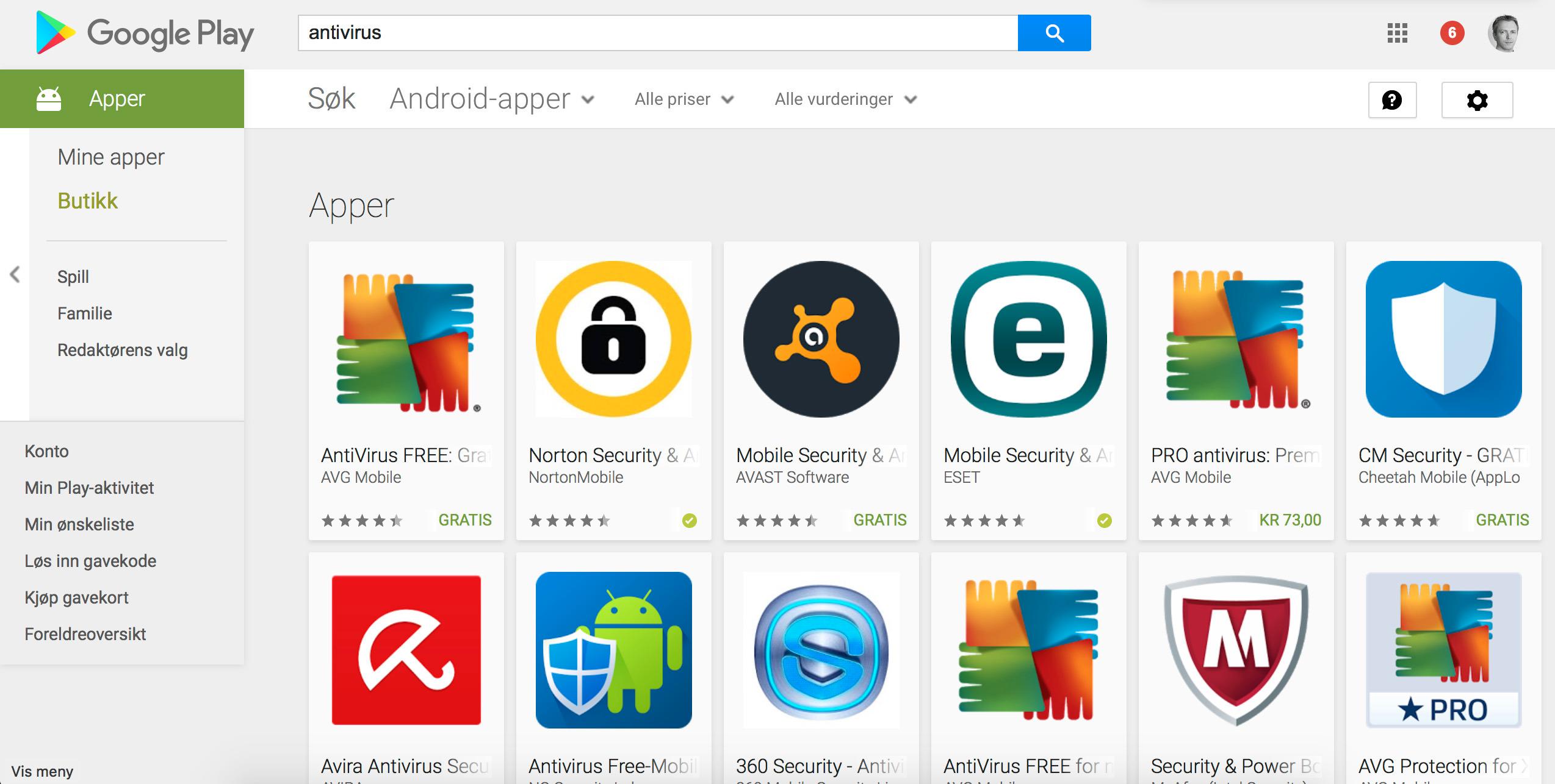 Utvalget av antivirusprogrammer på Google Play er ganske stort.