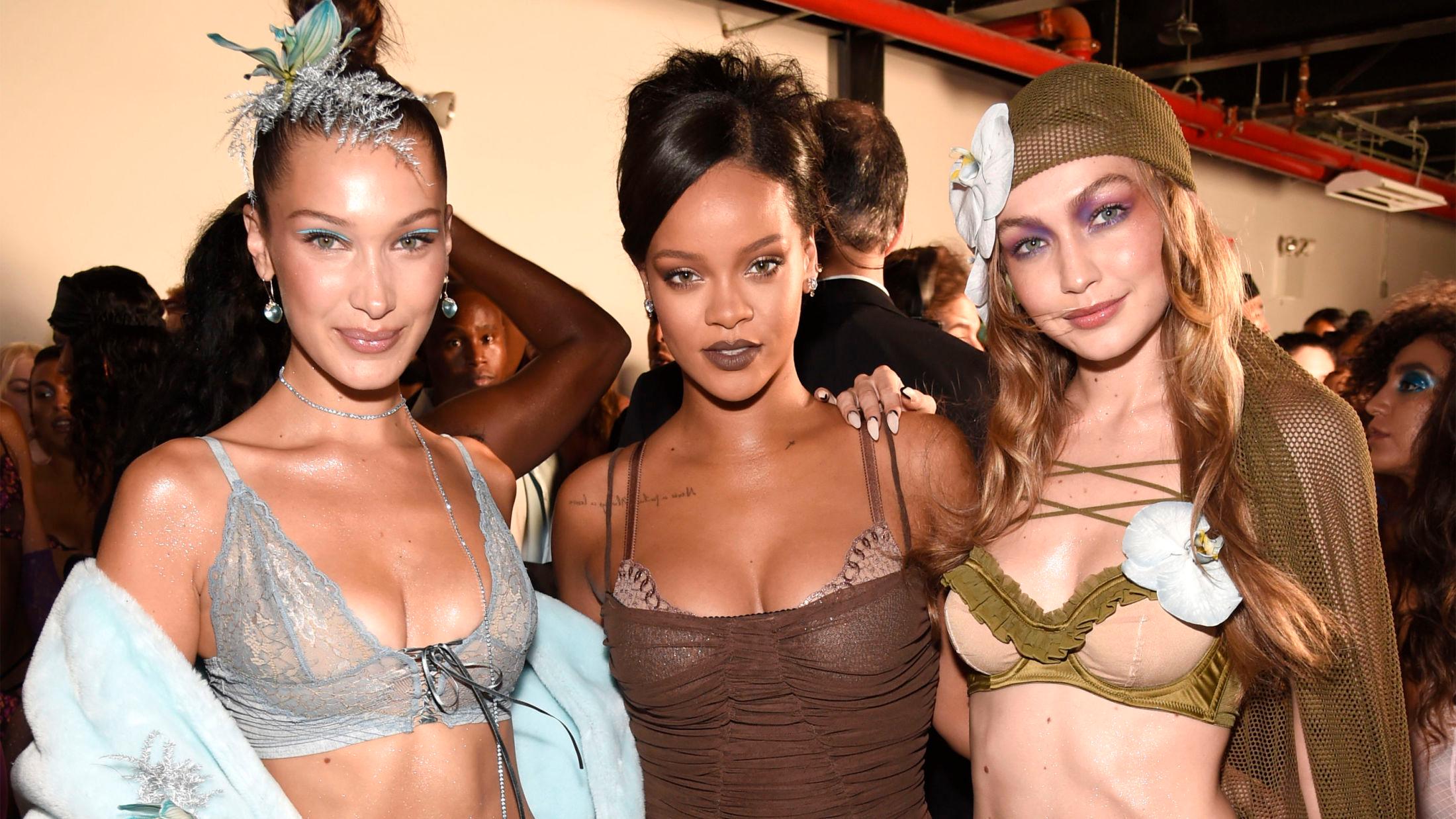 SETTER NY STANDARD: Rihanna har med sine merker satt en ny standard for mangfold. På sitt moteshow hadde hun både supermodeller som Bella Hadid (t.v.) og Gigi Hadid (t.h.) mikset med «kvinnen i gaten». Foto: Getty Images.