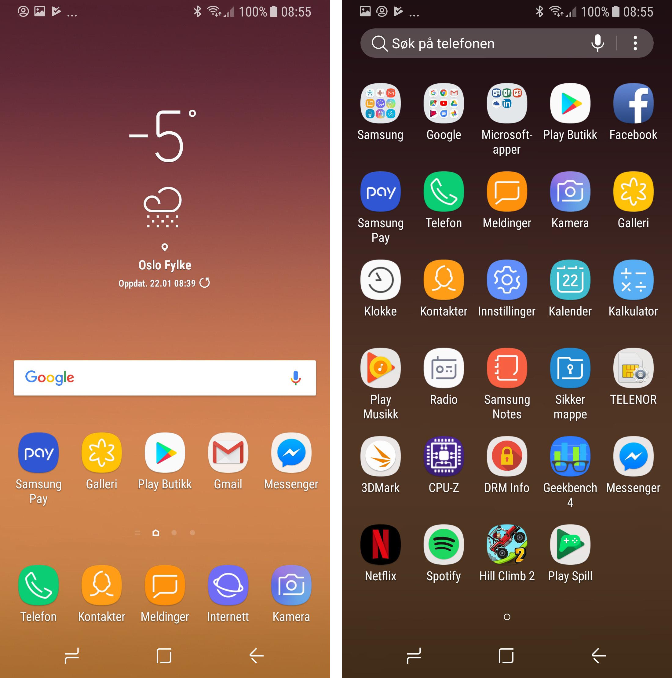 Menyene her er omtrent slik vi kjenner dem fra Samsungs andre nye Android-telefoner. Menyopplevelsen er kjapp, og du veksler mellom appskuff og hjemmeskjerm ved å sveipe opp og ned på skjermen.